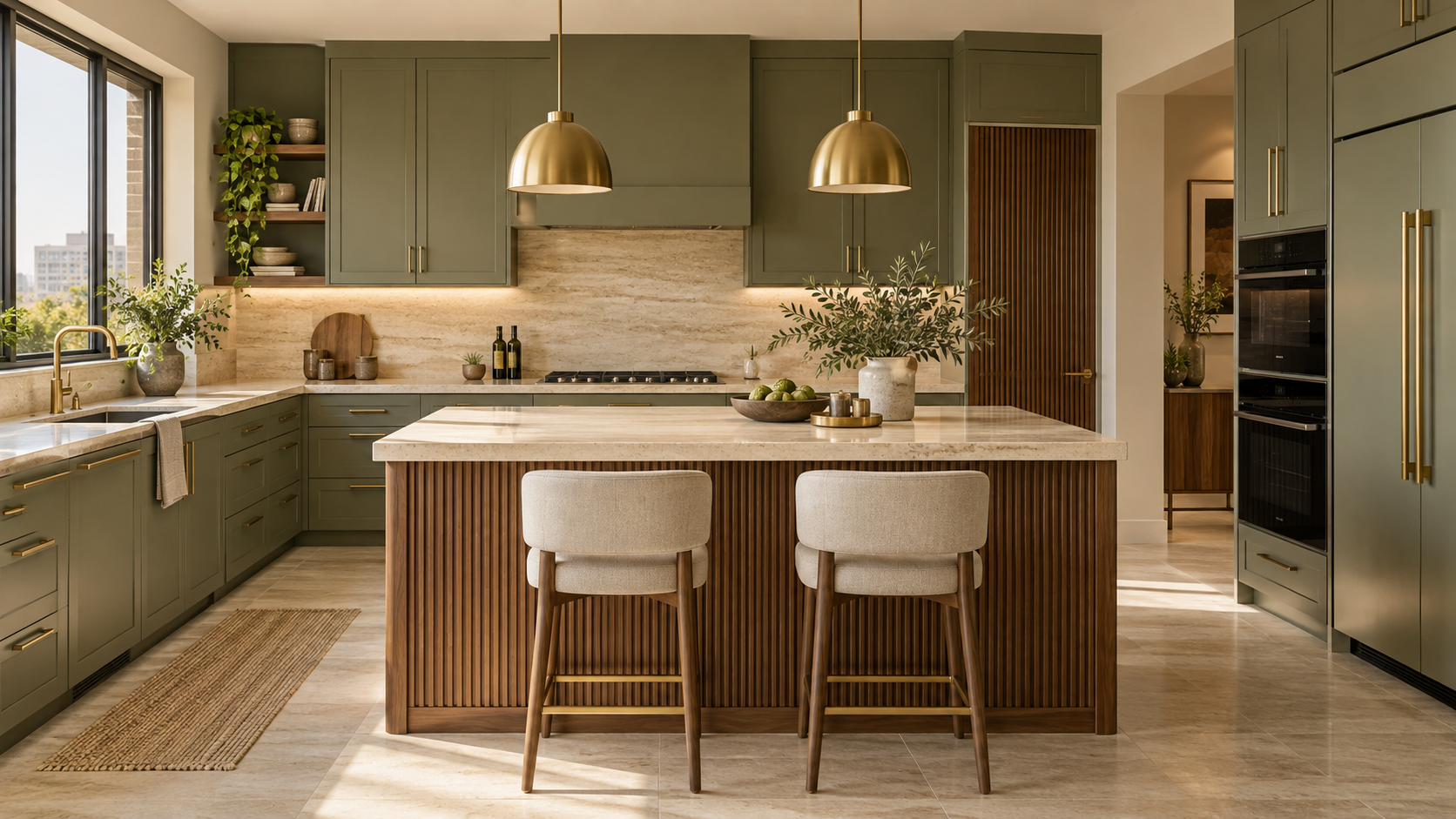 Mineral-green kitchen concept with a travertine island